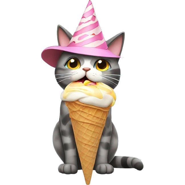 Cat wearing a birrhday hat and licking an ice cream cone emoji