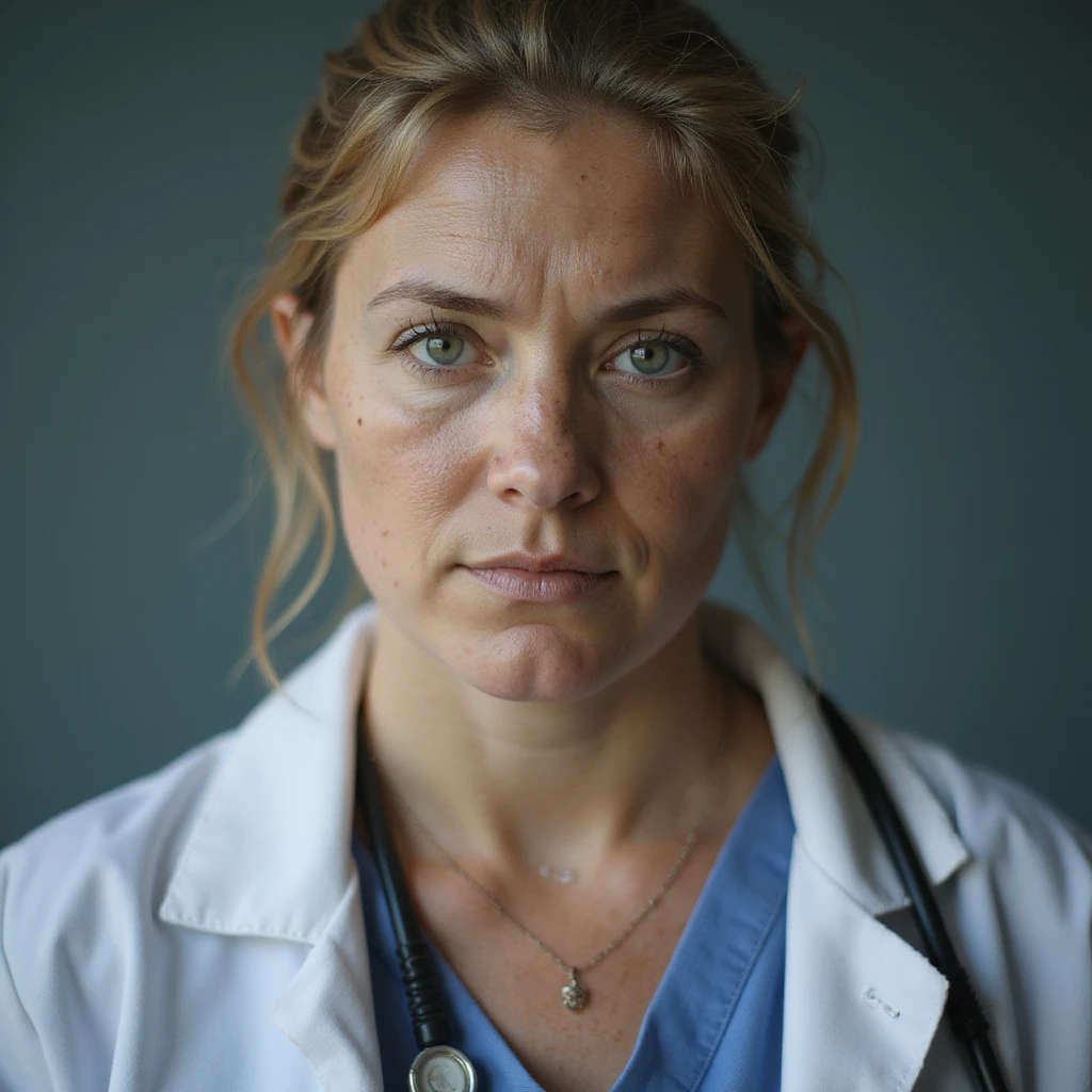 realistic woman with PCOS, slightly overweight body, skin with acne marks, thin hair, serious expression, hyperrealistic 4K details, clinical environment emoji