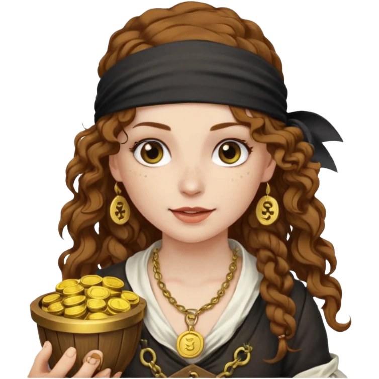 Lady Pirate With holding Coins, curly hair. emoji