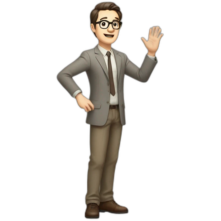 Full height Actively gesturing with hands Pale skinned fit man with dark brown hair in gray jacket, beige office shirt, brown tie, brown pants and vintage glasses. emoji