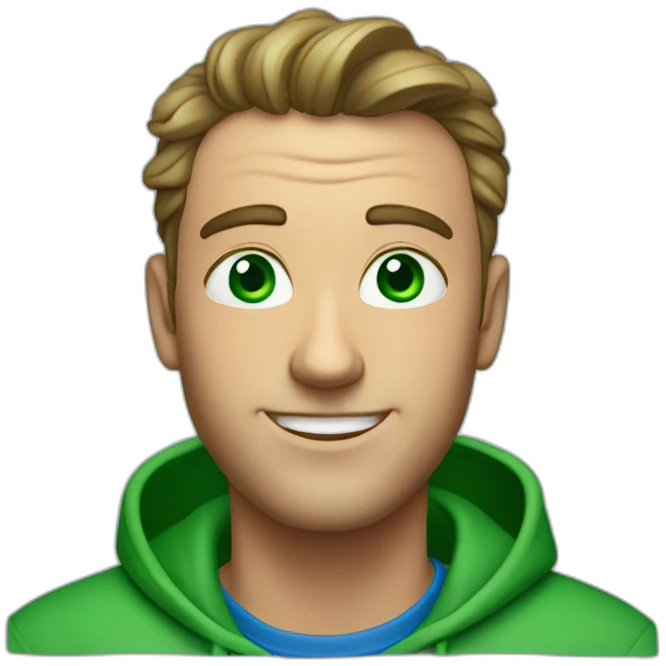 a man, green eyes, blue sweatshirt, green rubies on his head, waves hello emoji