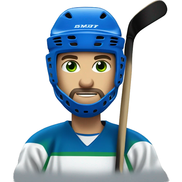 hockey player wearing blue helmet, with green eyes and beard emoji