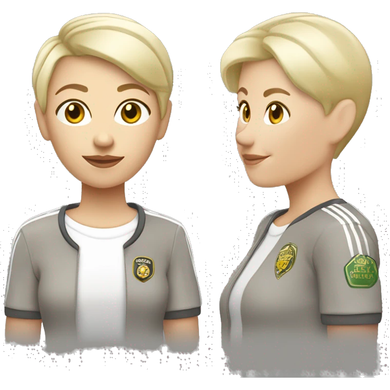 Jesse Maley pretty older white female with platinum blonde, pixie, cut haircut and golden skin and aleeds united shirt and badge emoji