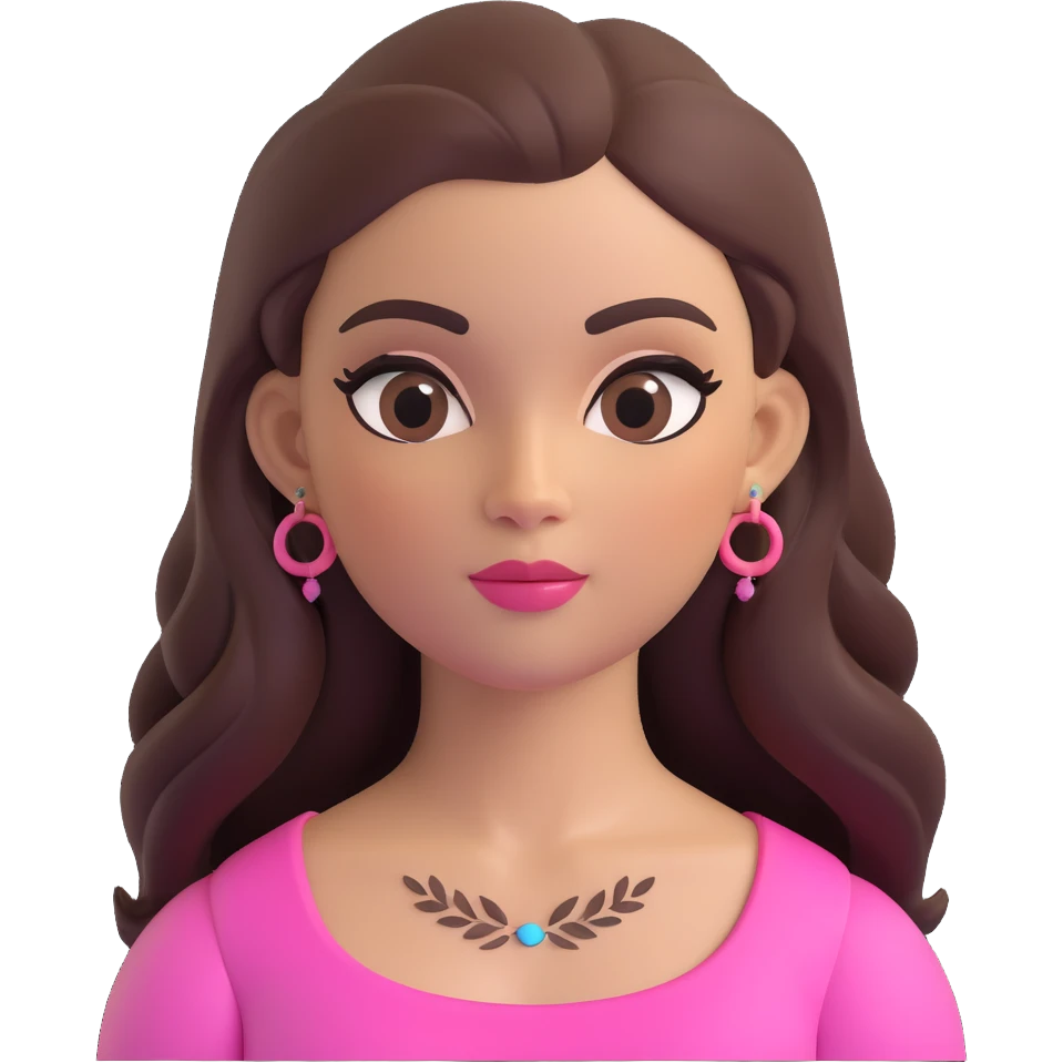 female memoji with oval face, warm light skin tone, rosy cheeks, elegant makeup with long eyelashes, defined eyeliner, soft pink lips, long straight dark brown voluminous hair, arched well-defined eyebrows, dark brown eyes, colorful top, small visible tattoo on arm emoji