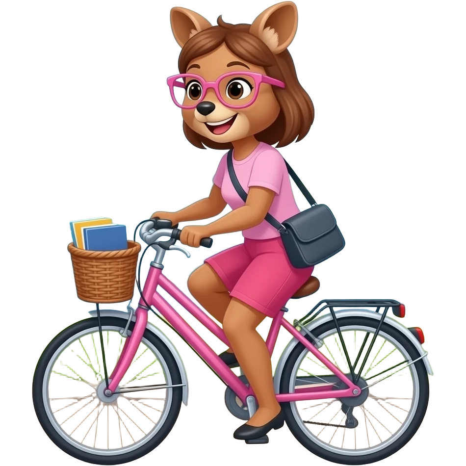 A quokka girl with pink glasses happily riding her ebike alongside the river mosel towards her job in luxemburg emoji