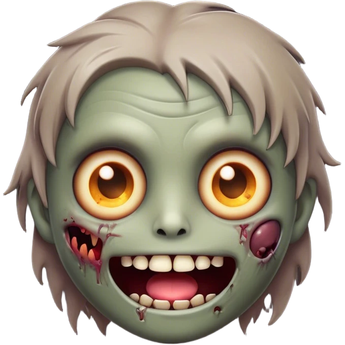 Cinematic Cute Zombie Portrait Emoji, with a delightfully quirky, slightly disheveled face in muted ashen hues, featuring quirky bright eyes and a playful, stitched-together smile, simplified yet irresistibly charming, highly detailed with a soft glowing outline that captures the adorable, offbeat spirit of a zombie who’s more cute than creepy! emoji
