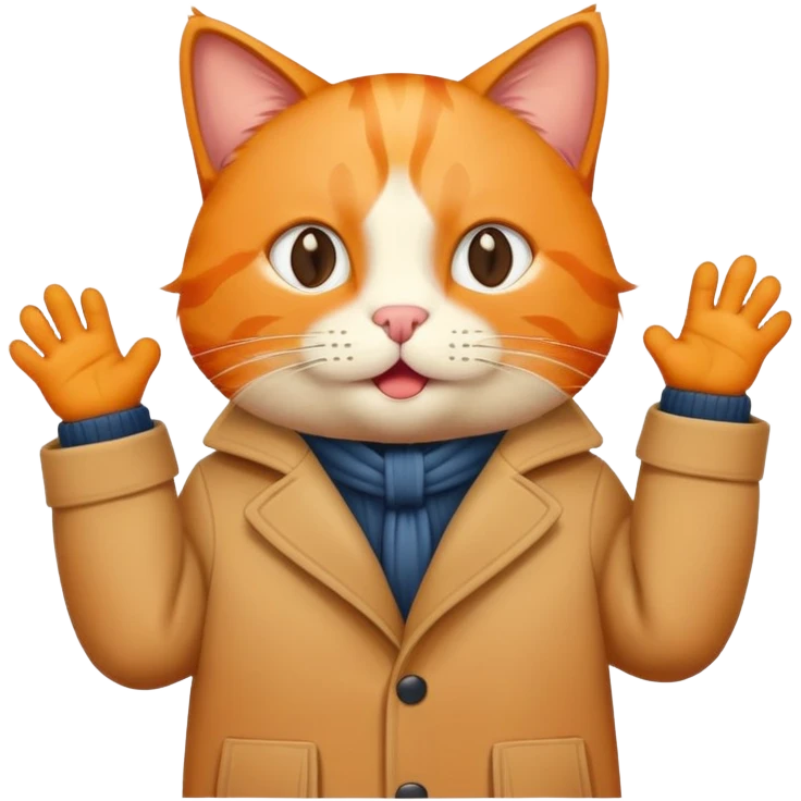 an orange cat wear a coat and in hand have sing emoji