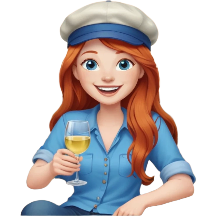 Laughing redhead with long hair and blue eyes wearing cap holding white wine sitting in chair beside fire pit emoji
