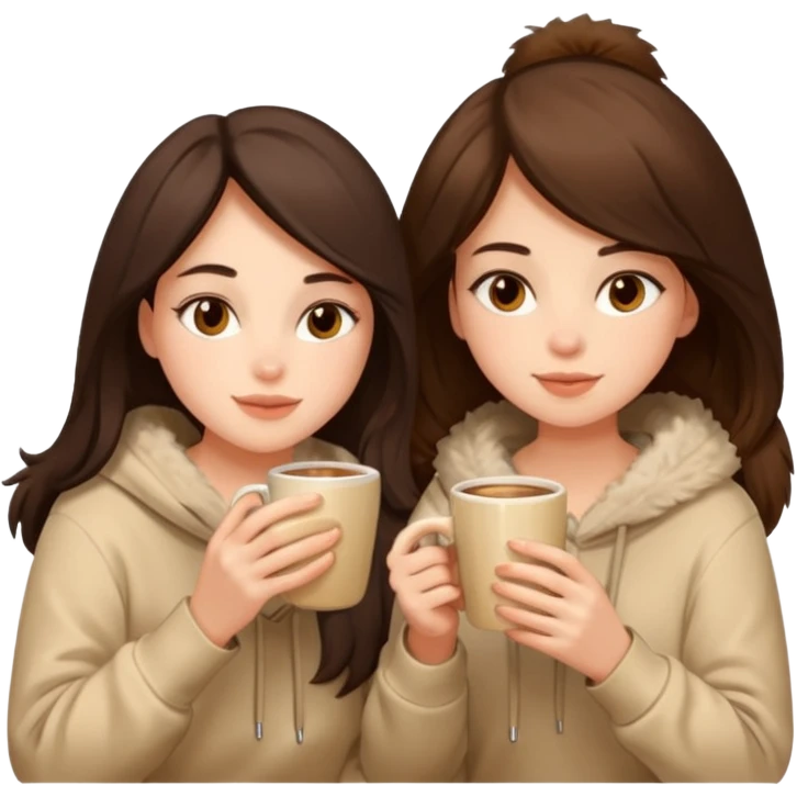 2 brunette girls sitting cozily in a beige fur hoodie sipping coffee emoji