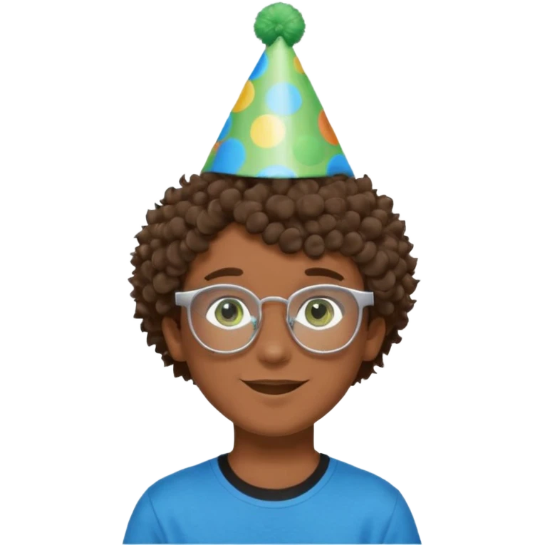 A boy with curly brown hair and green eyes with a happy face, and wear square glasses.He’s also got a full silver birthday party hat on his head with blue pom poms on top of it, and his T-shirt is all black, he wears a little gold circle earrings on his left  emoji