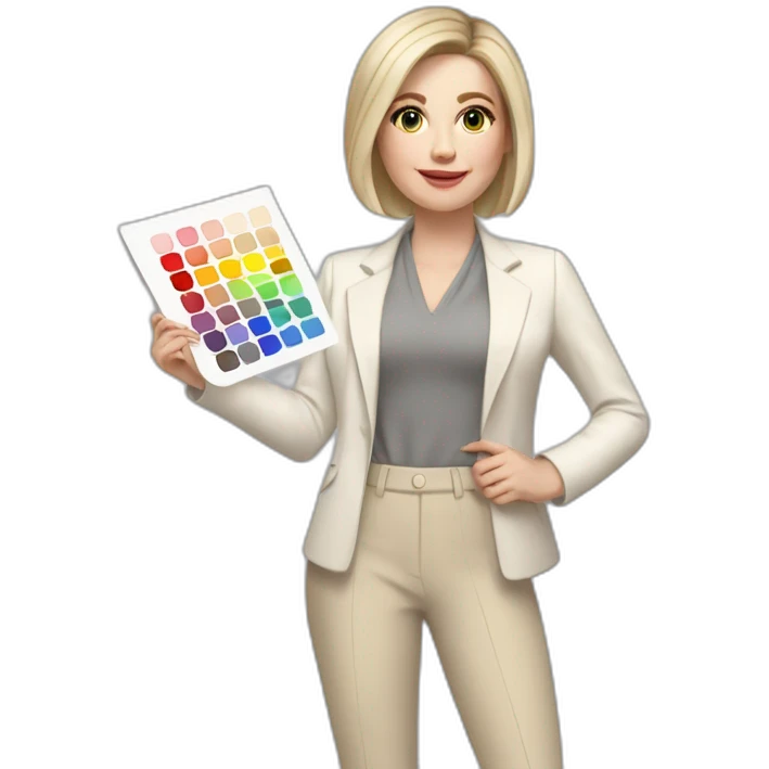 Full height pale skin woman with ash blonde Straightened bob Hair, White classical jacket, beige Arrow pants and gray blouse holding a color palette in the hands emoji