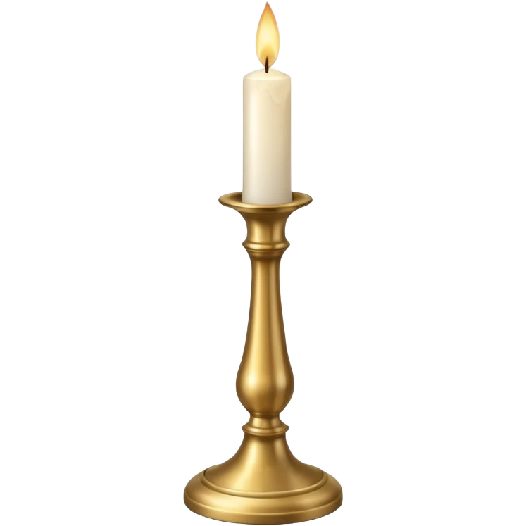 A tall brass candlestick with a thin white candle and soft flame. emoji