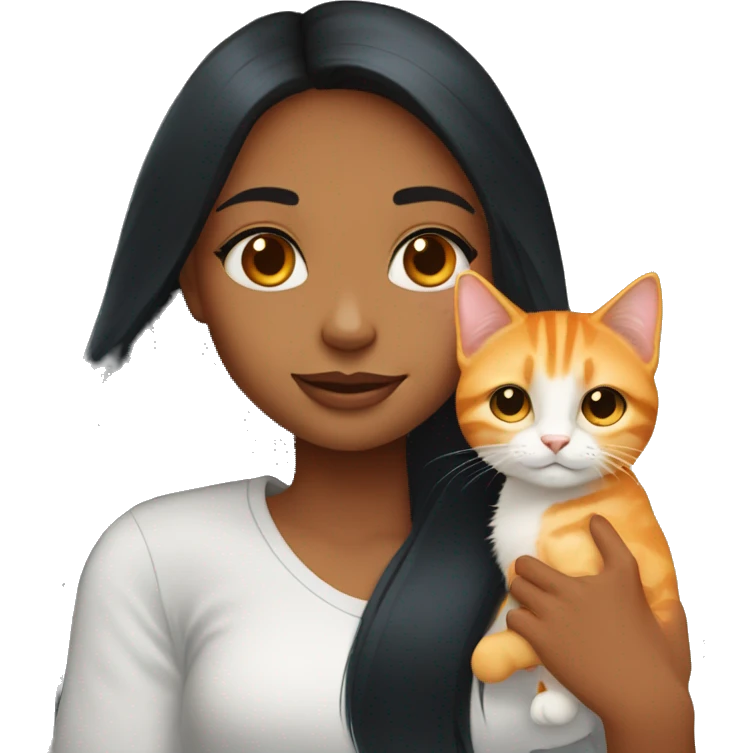 blue eyed girl with long black hair holding one chubby orange tabby cat emoji