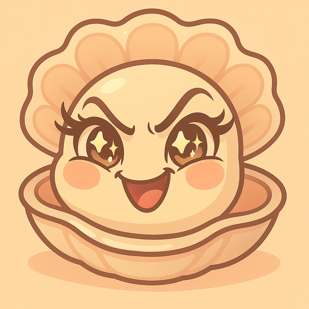 Create a version with an even more mischievous expression, very expressive and luminous eyes, elegant eyelashes, and strongly accentuated pastel, pearly, cream, peach, and greige shades, while keeping the large shell, the small oyster, the pastel toon style, and the background. emoji