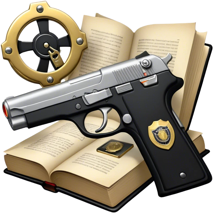 Icon for Action & Crime Reading: an open book with dramatic action scenes, surrounded by a gun, handcuffs, a badge, and a shadowy figure. The icon should evoke suspense, danger, and intrigue of crime and action stories. Transparent background. emoji
