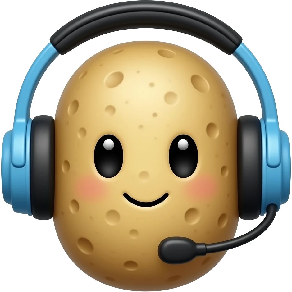 Cute potato with eyes and mouth wearing blue and black headphone emoji