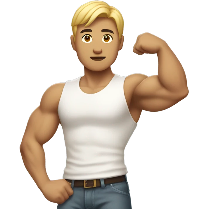 asian personal trainer short golden hair white vest man flexing bicep emoji