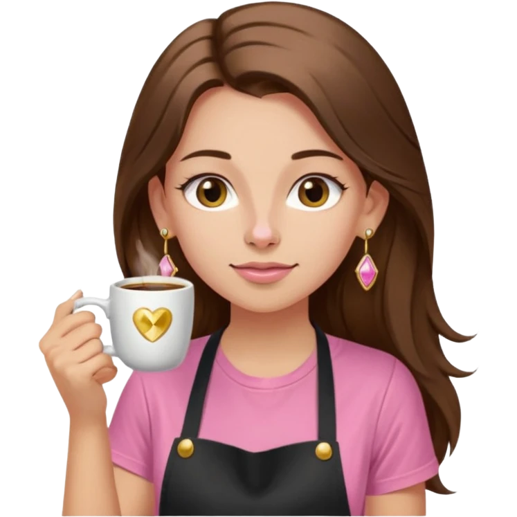 Fille cheveux long châtain, peau beige type européen, teeshirt rose avec un tablier noir, piercing au nez anneau doré, boucle d’oreille diamant doré. Elle boit un café emoji