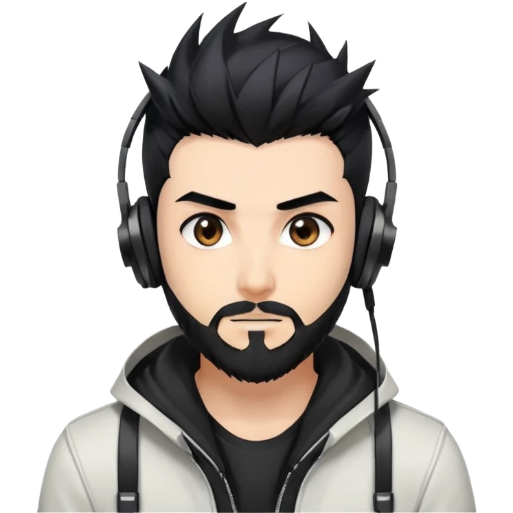 Highly detailed anime-style man with spiky black hair, expressive brown eyes, neat black beard, wearing professional gaming headphones, sharp facial features, anime shading and highlights emoji