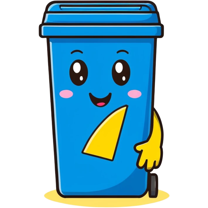 cartoon blue bin with a happy face, waving and saying hi emoji