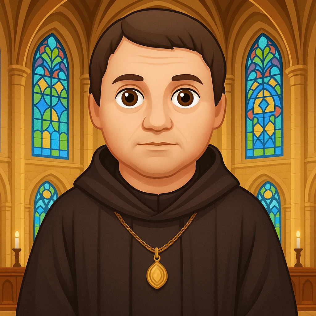 Add a church background behind Martin Luther in monk robes, in the style of apple emojis, preserving the apple emoji style look and feel. emoji