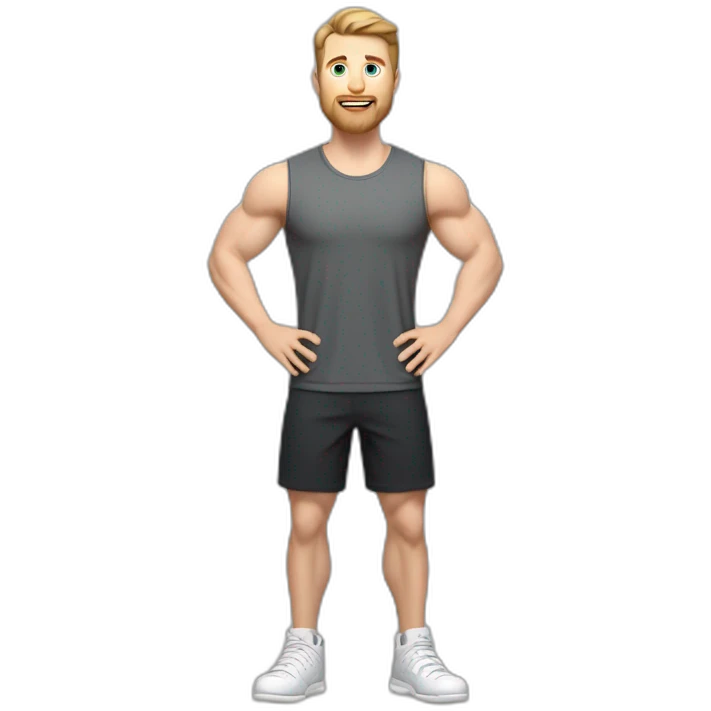 Full height Actively gesturing with hands Pale skinned Fit Man With the biceps and brown hair in dark gray Sleeveless Mike, black oversize sports shorts and white Sneakers emoji
