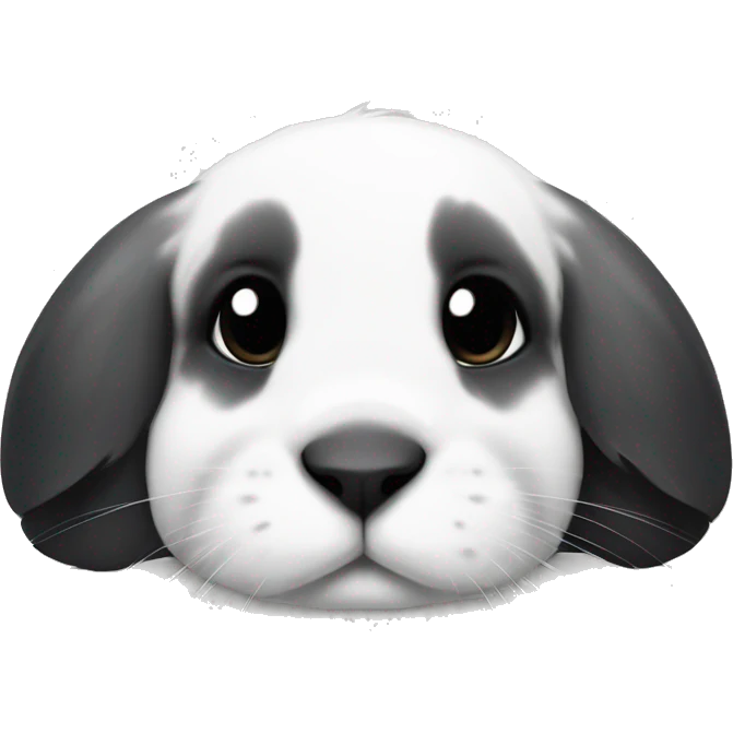 White with black splotches on the face and black ears holland lop rabbit with a white nose laying down  emoji