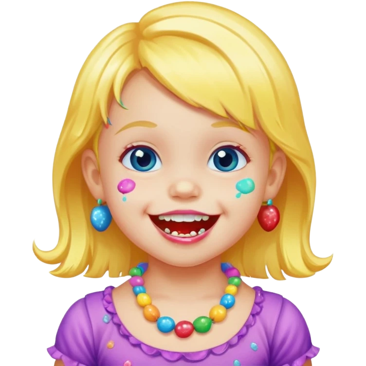 A toddler with candy necklace, grinning with colorful sugar stains on her mouth. emoji