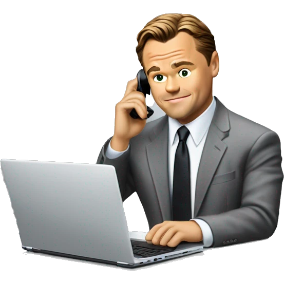 Leonardo di Caprio from Wolf of Wall Street taking a sales call on his laptop emoji
