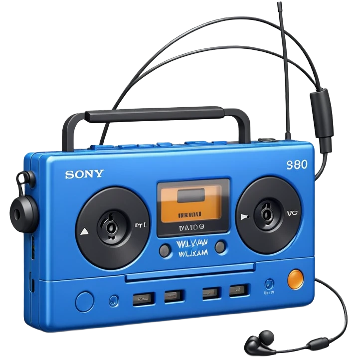 Blue Sony Walkman portable cassette player from the 1980s with headphones emoji