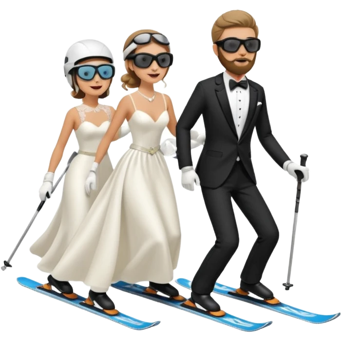 a couple skiing they both have ski helmets and goggles on , man with a beard in a tux and woman in a wedding dress on their skiis going down a slope.  emoji
