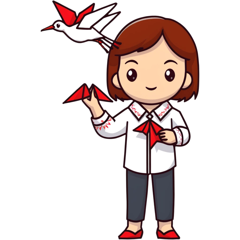 Happy Ukrainian young girl with brown hair in a white embroidered shirt holds an origami red crane emoji