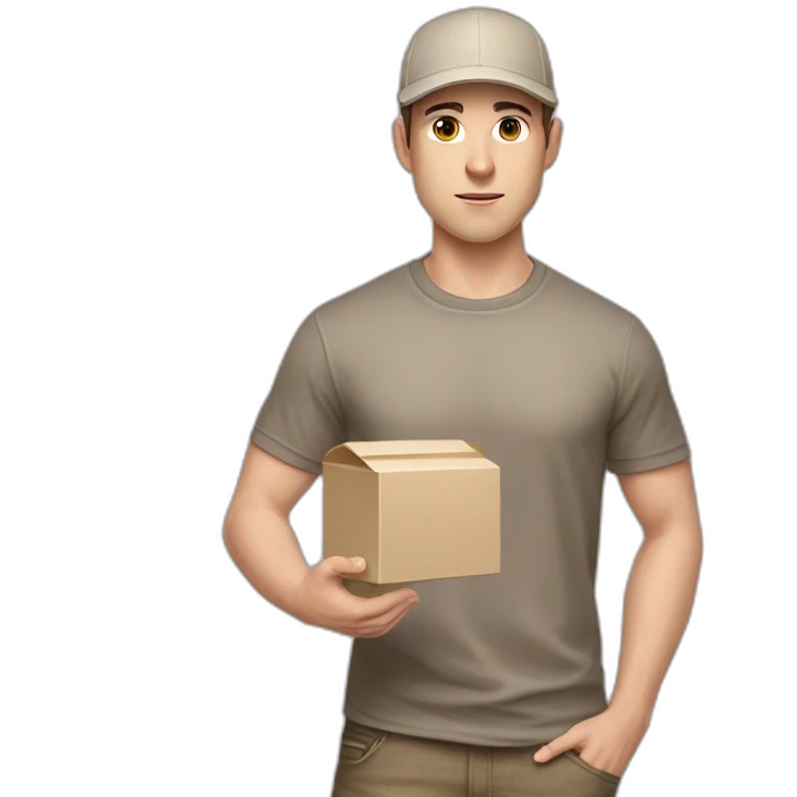 Pale skinned fit Man with dark brown hair in a beige cap, gray jeans and brown polo T-shirt keeping a pasted with tape white box into his hands emoji