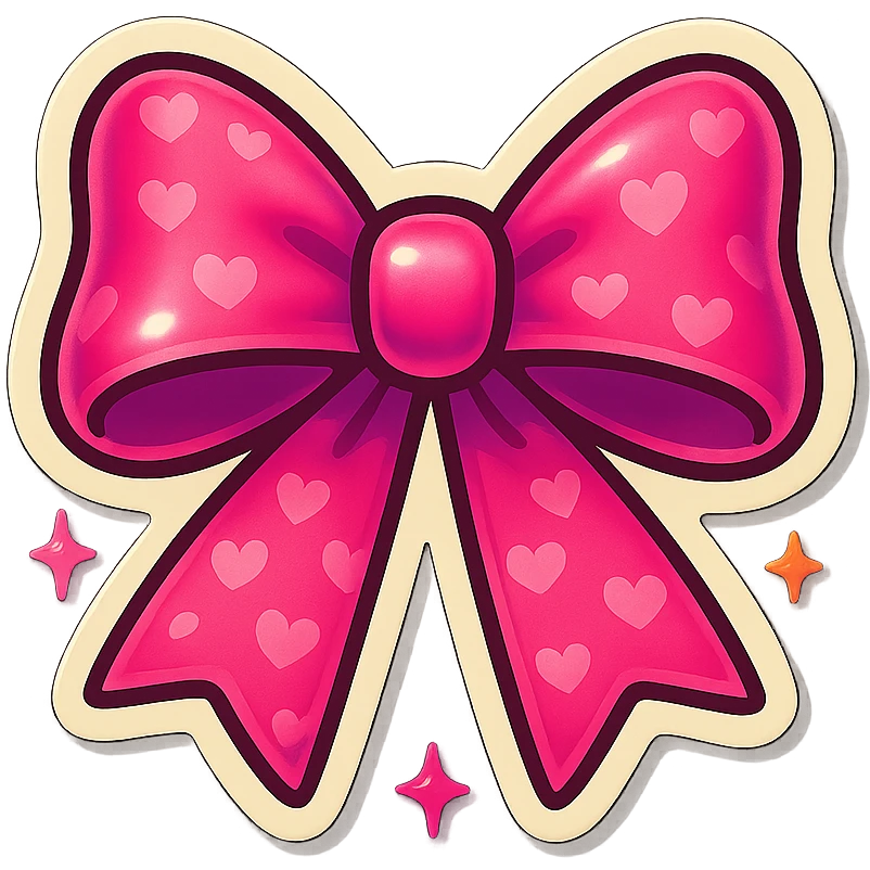 A pink bow sticker with a heart pattern, pink bow sticker with stars emoji