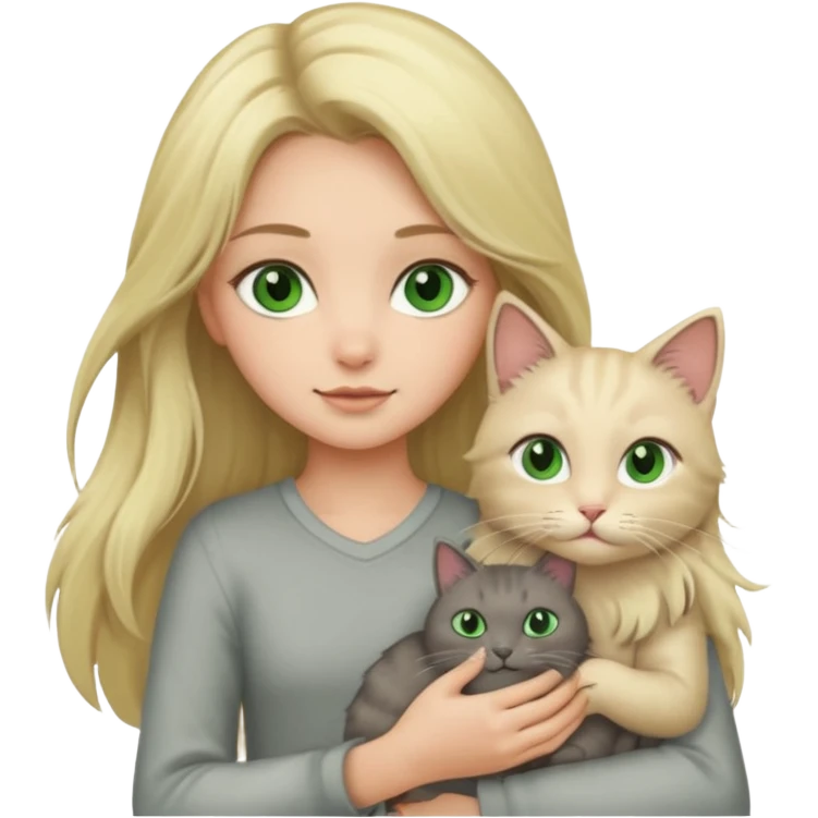 Blonde green eyed girl with long hair holding cat emoji