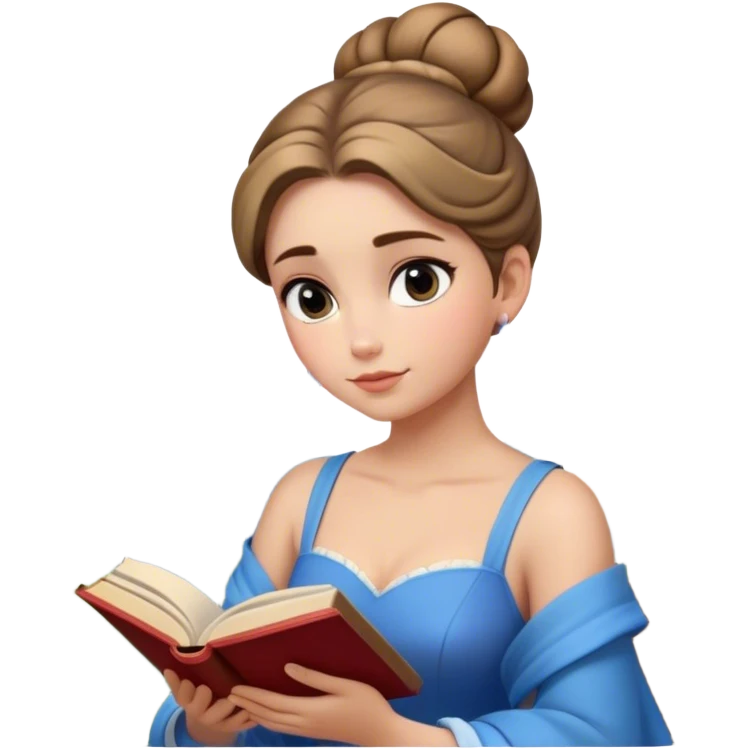 Cinematic Elegant Belle Portrait Emoji, Sitting with an open book, eyes dreamy with thought, her iconic blue village dress draped gracefully, exuding intelligence, kindness, and timeless charm! emoji