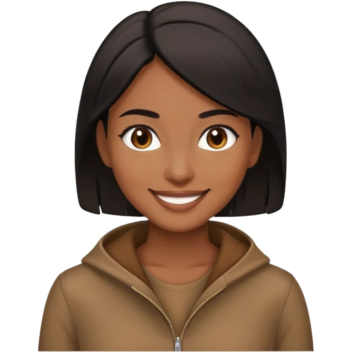 Mulher parda, cabelo preto, roupa marrom, sorrindo emoji