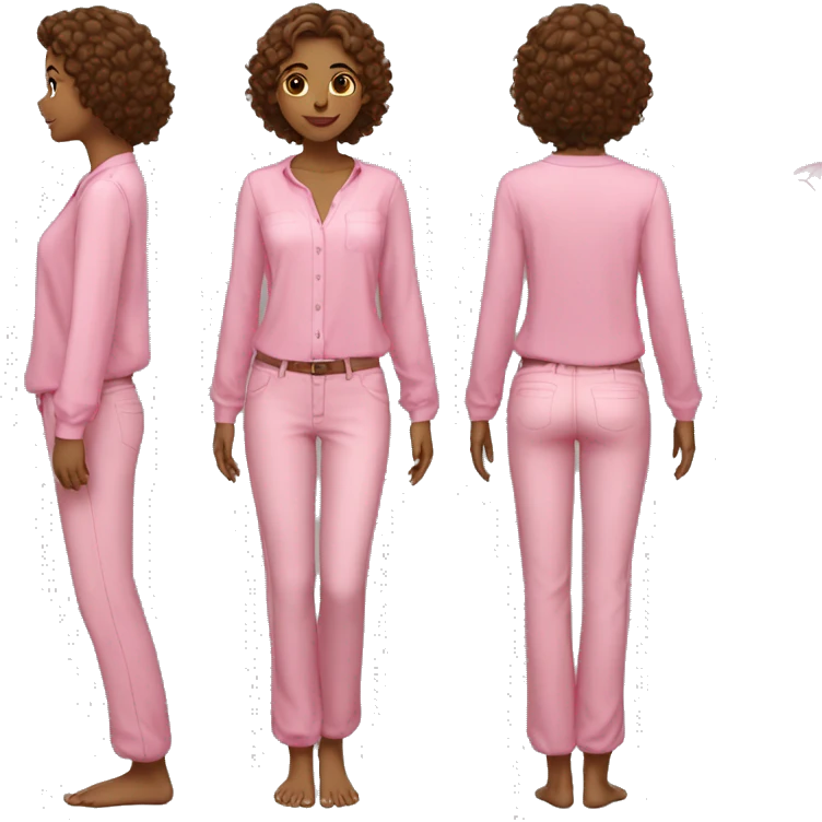 girl with straight curly hair with long sleeve pants with bare feet with flip flop with short sleeve blouse black pants pink blouse showing and pretty face emoji