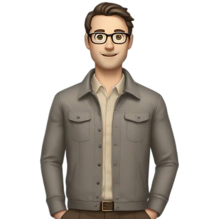 Full height Pale skinned Fit Man With dark brown hair in gray classic jacket, beige office shirt, Brown pants and vintage glasses. Thrumbs of his palms upwards emoji