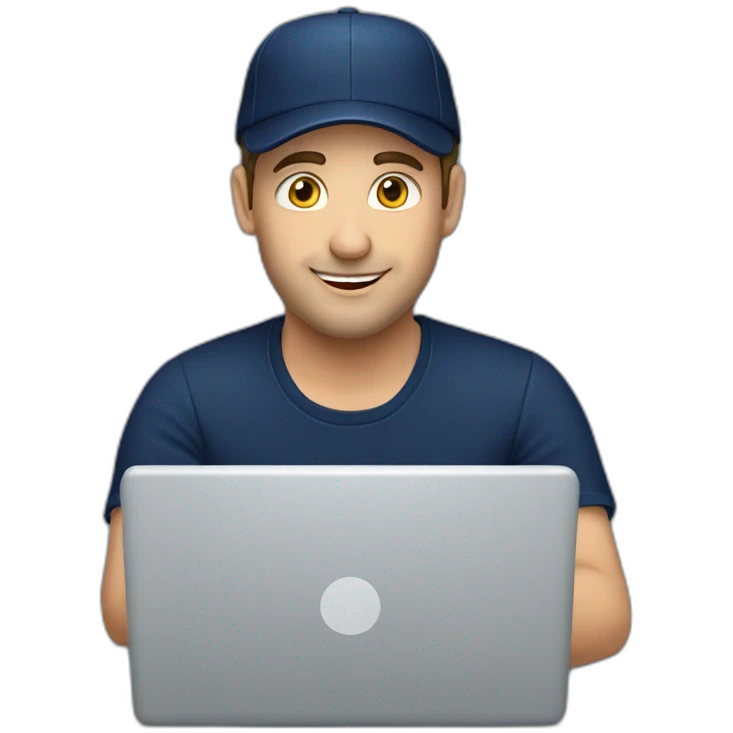 european guy wearing navy cap using laptop emoji