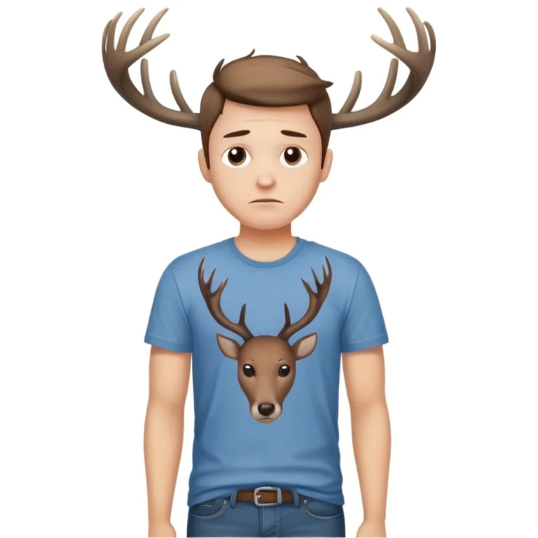 A casual guy with deer antlers, wearing a t-shirt and jeans, with a sad or thoughtful facial expression, neutral background, no snow emoji