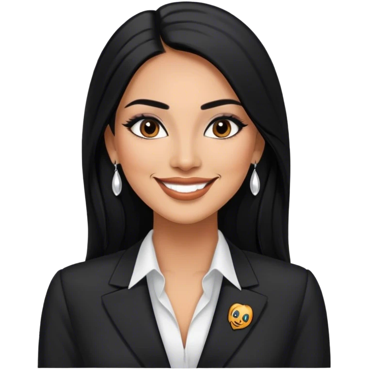 beautiful fit tall woman boss, with long straight black hair, with make up, black eye liner, smile, mexican, brown skin, wearing beautiful profesional outfit and white earings emoji