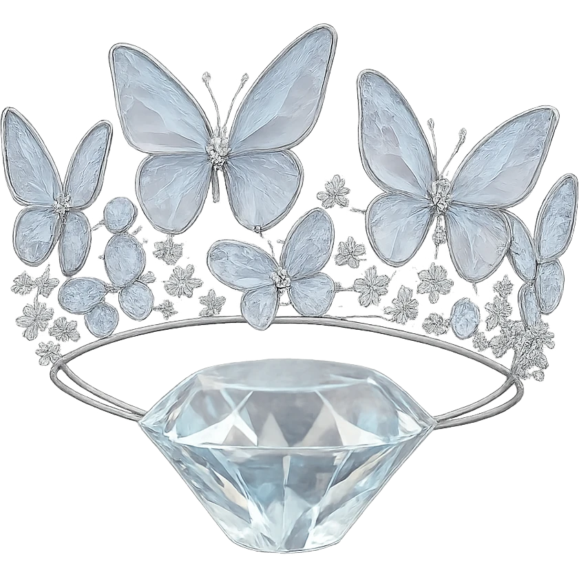 butterfly crown with a crystal base, butterflies in translucent enamel, sparkling gems, transparent background emoji