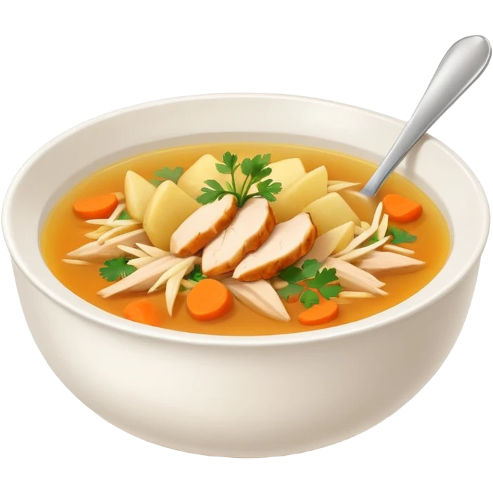 Mexican chicken broth (consomé de pollo): warm golden soup with shredded chicken, carrot, potato, and cilantro in a simple bowl emoji