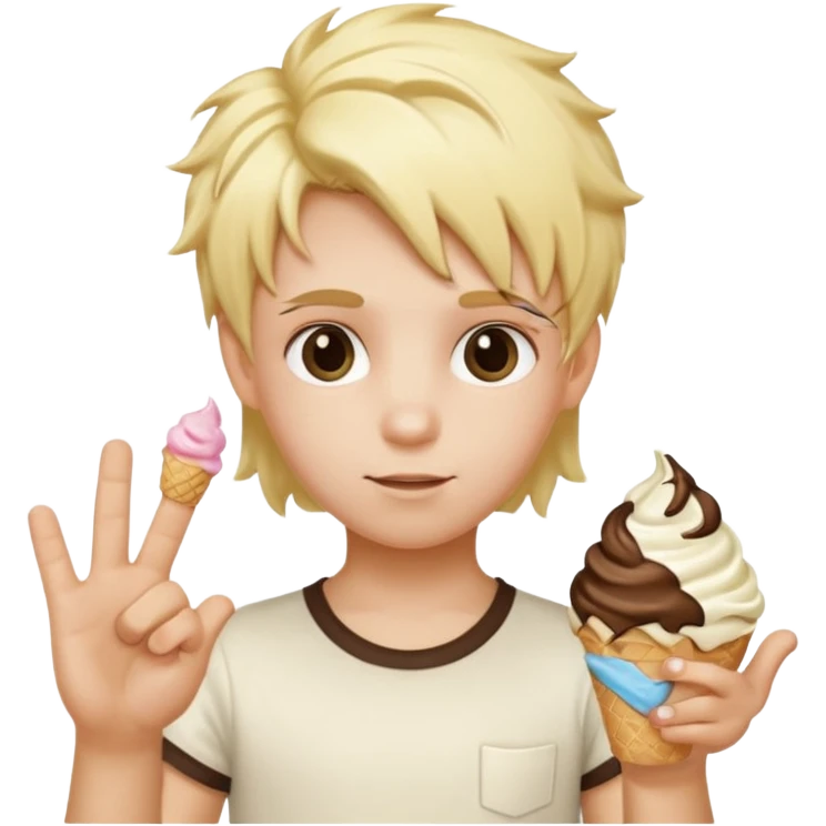 A kid with blonde icecream hair with two hands that has 6 on the left hand and 7 on the right hand emoji