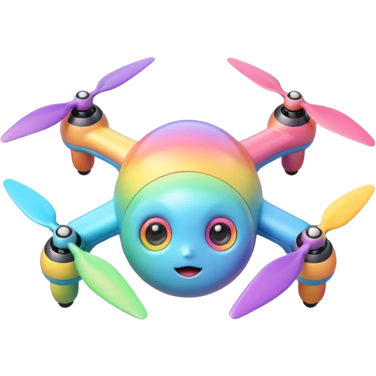 Cute pastel rainbow drone emoji, round shape, tiny propellers, big cartoon eyes, 3D soft glossy style, transparent background. emoji