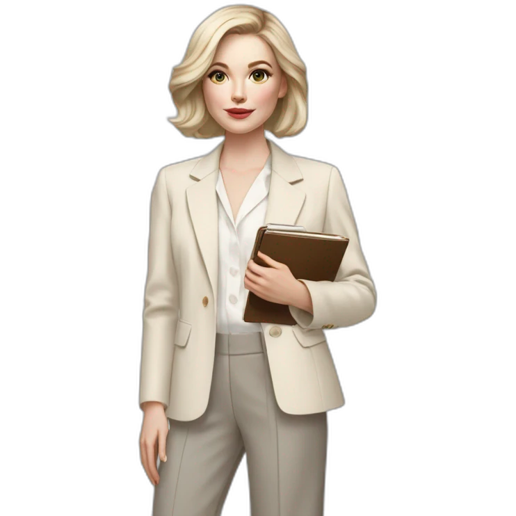pale skin woman with ash blonde Straightened bob Hair, White Spacious classical jacket, beige palazzo Arrow pants and gray blouse holding a color palette in the hands emoji