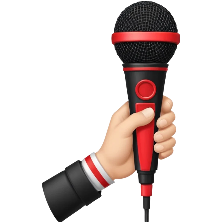 hand holding black stage microphone with red strip on bottom emoji