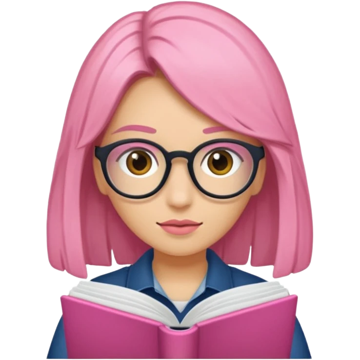 Estudante de cor parda cabelo cacheado loiro escuro de óculos segurando um caderno rosa emoji