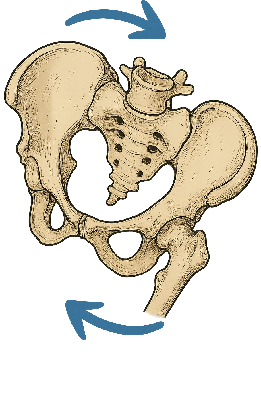 Bacino anatomico ruotato in senso orario con le frecce per far capire emoji